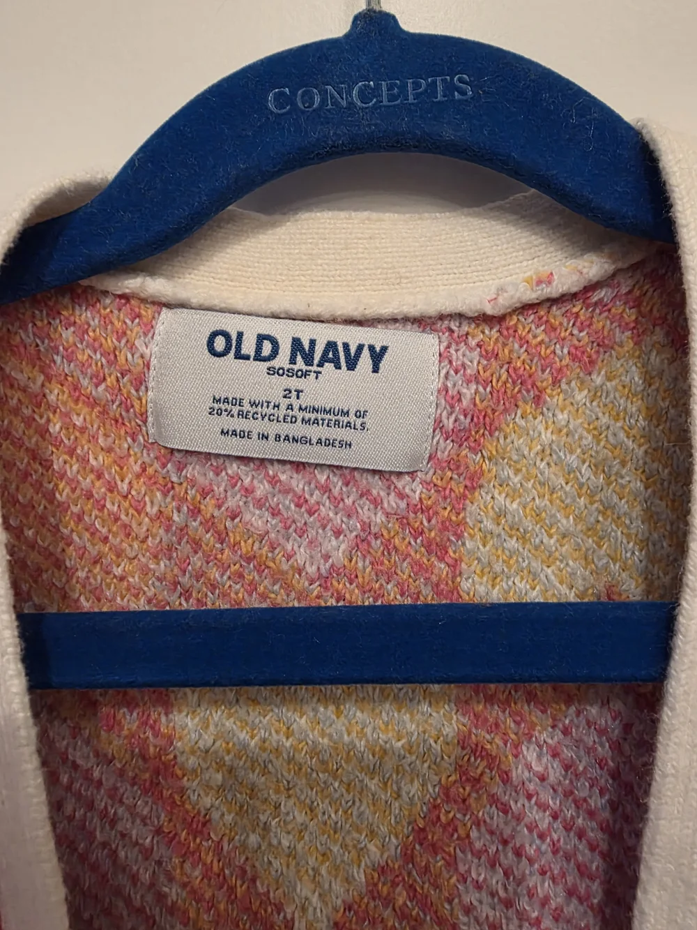 Old Navy White Cardigan with Pink, Yellow & Light Blue Hearts